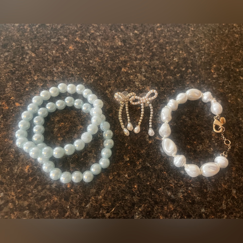 J. Crew Factory White and Cream Bow earrings & Pearl Bracelet Set